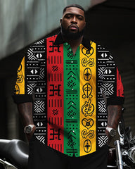 Big & Tall Men's Pan-African Three-Color Geometric Patchwork Printed Long-Sleeved Shirt Pants Set