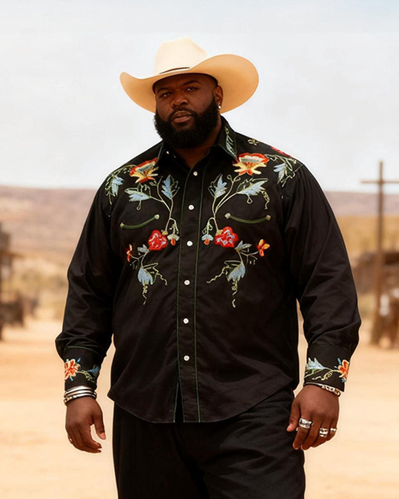 Big & Tall Men's Western Black Floral Print Long Sleeve Shirt Pants Set