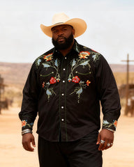Big & Tall Men's Western Black Floral Print Long Sleeve Shirt Pants Set