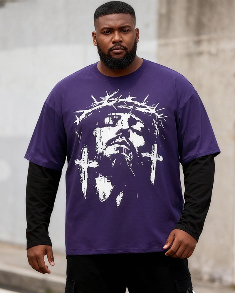 Big & Tall Men's Religious Thorn Head Printed Fake Two Long Sleeve T-Shirts