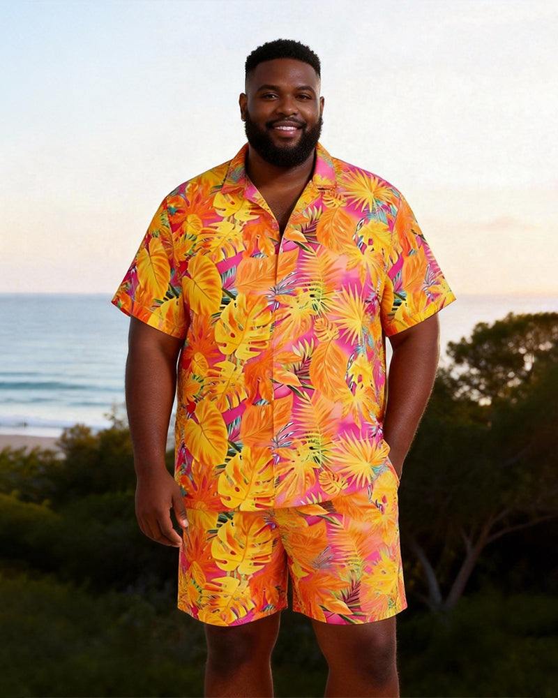 Big & Tall Men's Pink Orange Tropical Leaf Print Short Sleeve Shirt Shorts Set