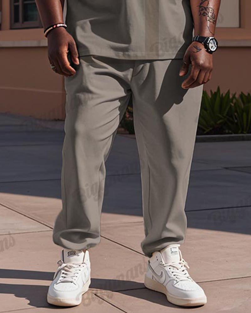 Big Guy’s Khaki Geometric Color Block Print T-shirt Trousers Set