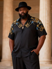 Big & Tall Men's Black And Gold Baroque Print Short Sleeve Shirt Pants Set