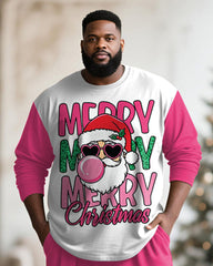 Big & Tall Men's Merry Christmas Cartoon Pink Printed Long Sleeve T-Shirt Pants Set