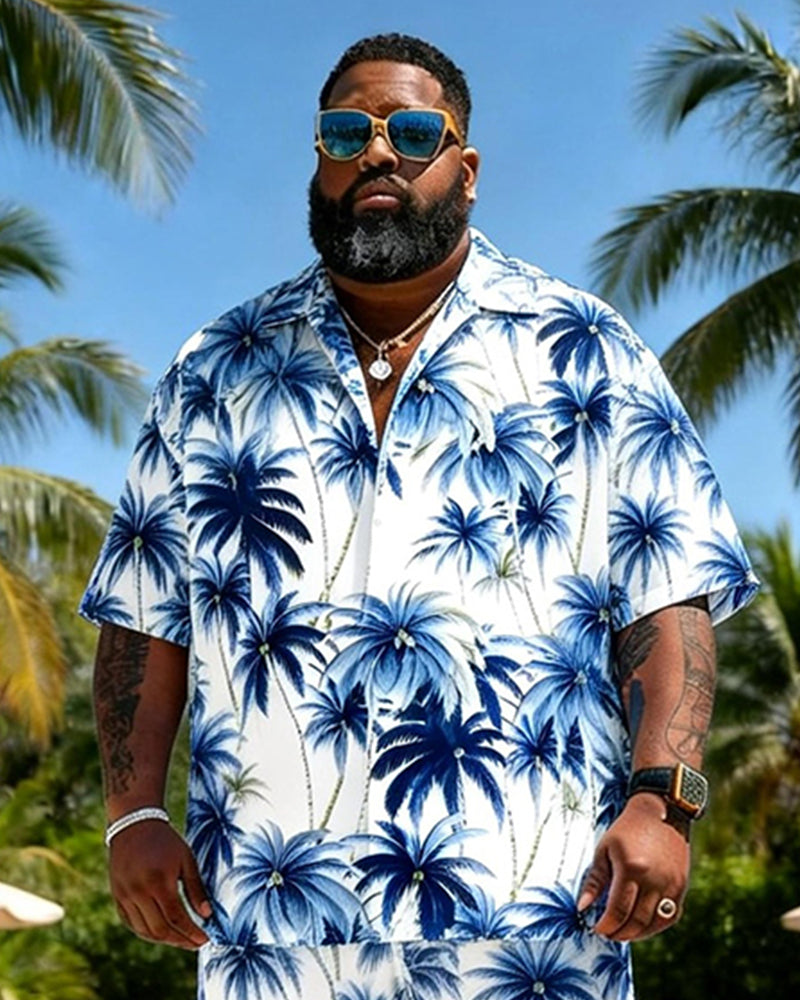 Big & Tall Men's Blue And White Coconut Print Short Sleeve Shirt Shorts Set