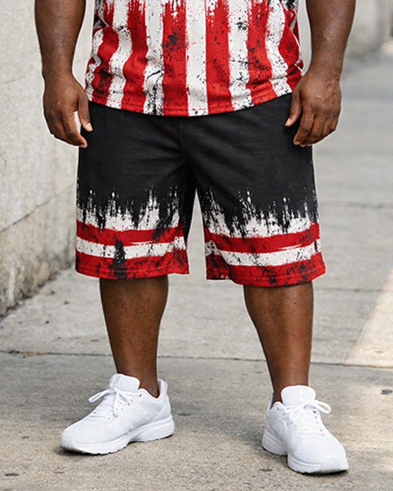 Big & Tall Men's American Flag Cross Splash Ink Printed Round Neck Short Sleeve T-Shirt Shorts Set