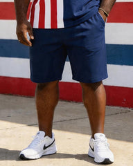 Big & Tall Men's American Flag Stars And Stripes Colorblock Printed POLO Short Sleeve Shorts Set