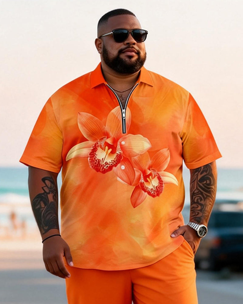 Big & Tall Men's Orange Red Floral Print Zipper Polo Short Sleeve Pants Set