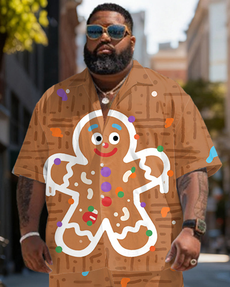 Big & Tall Men's Christmas Gingerbread Man Print Short Sleeve Shirt Shorts Set