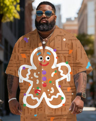 Big & Tall Men's Christmas Gingerbread Man Print Short Sleeve Shirt Shorts Set