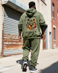 Big & Tall Men's Army Green Bear Graffiti Alphabet Print Hoodie Set