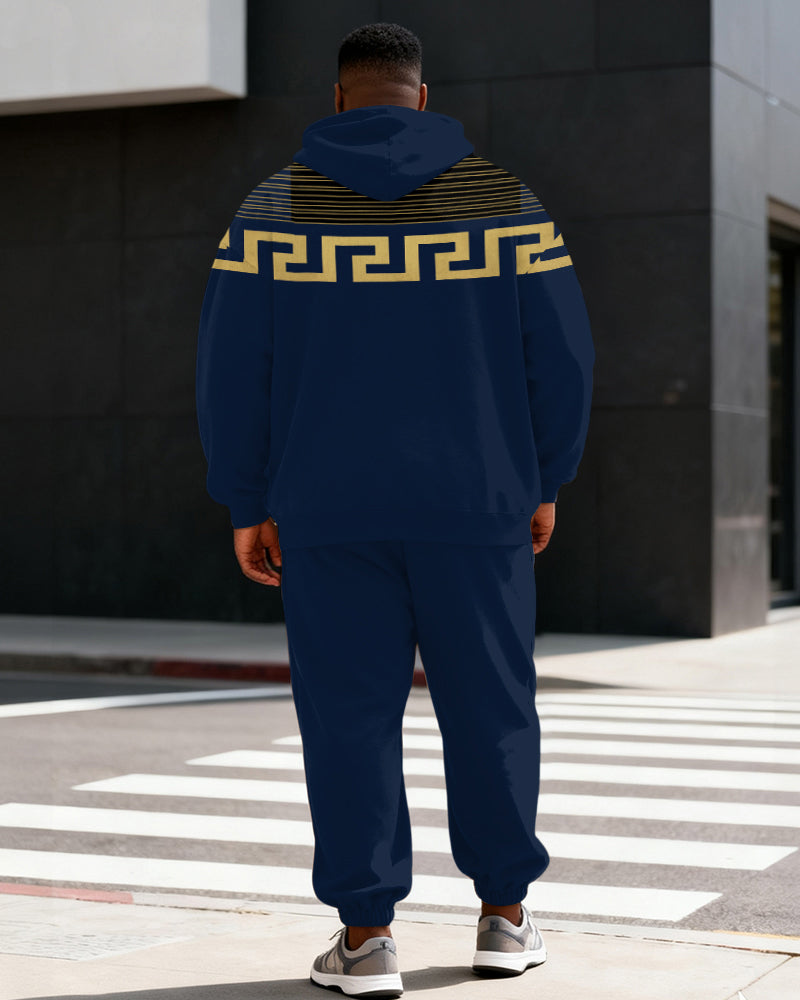 Big & Tall Men's Navy Blue Gold Greek Print Hoodie Set