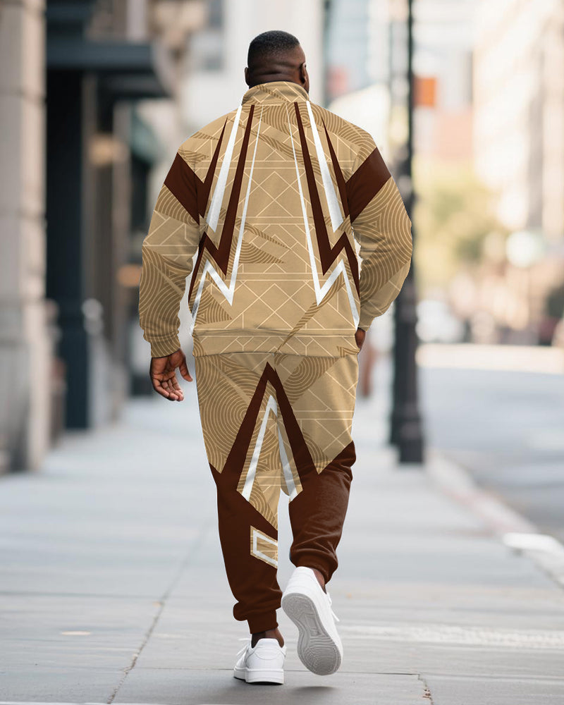 Big & Tall Men's Yellow Brown Geometric Print POLO Collar Zipper Long Sleeve Pants Two-Piece Set