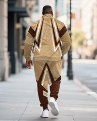 Big & Tall Men's Yellow Brown Geometric Print POLO Collar Zipper Long Sleeve Pants Two-Piece Set