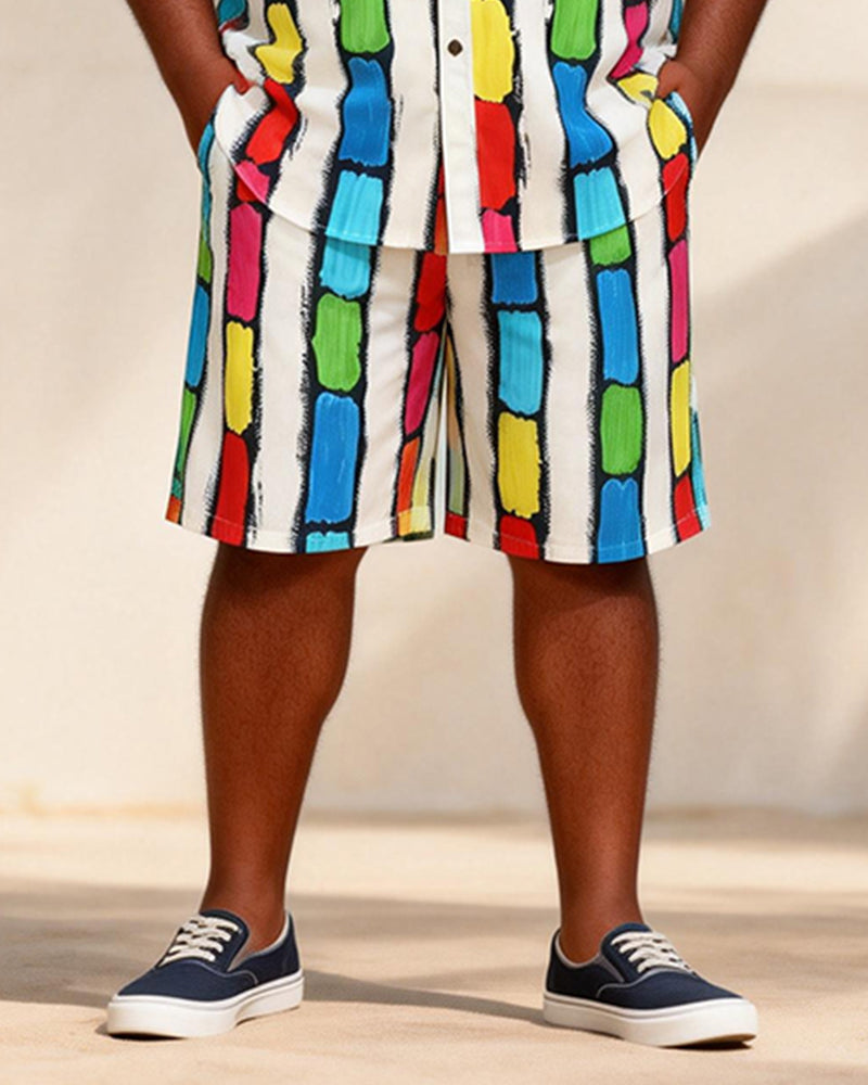 Big & Tall Men's Rainbow Graffiti Stripe Contrast Print Short Sleeve Shirt Shorts Set