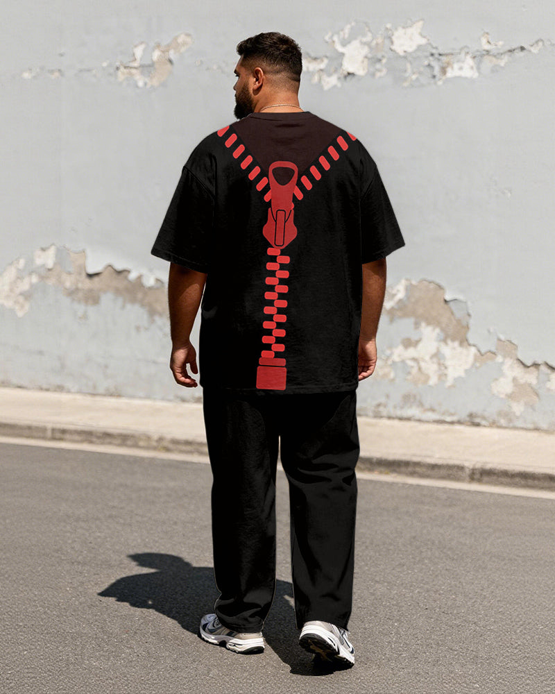 Big & Tall Men's Dark Red Chain Trendy Cool Printed T-Shirt Pants Set