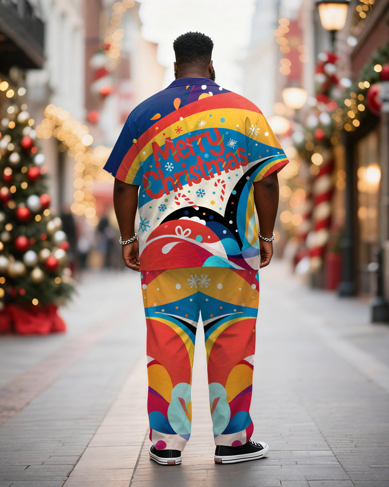 Big & Tall Men's Merry Christmas Colorblock Alphabet Print Short Sleeve Shirt Trousers Suit
