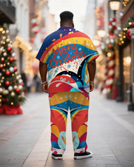 Big & Tall Men's Merry Christmas Colorblock Alphabet Print Short Sleeve Shirt Trousers Suit