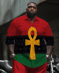 Big & Tall Men's Red And Black Green Anka Symbol Printed Long Sleeve Shirt Pants Set