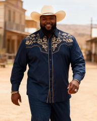 Big & Tall Men's Western Navy Floral Print Long Sleeve Shirt Trouser Set