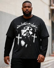 Big & Tall Men's Religious Thorn Head Printed Fake Two Long Sleeve T-Shirts