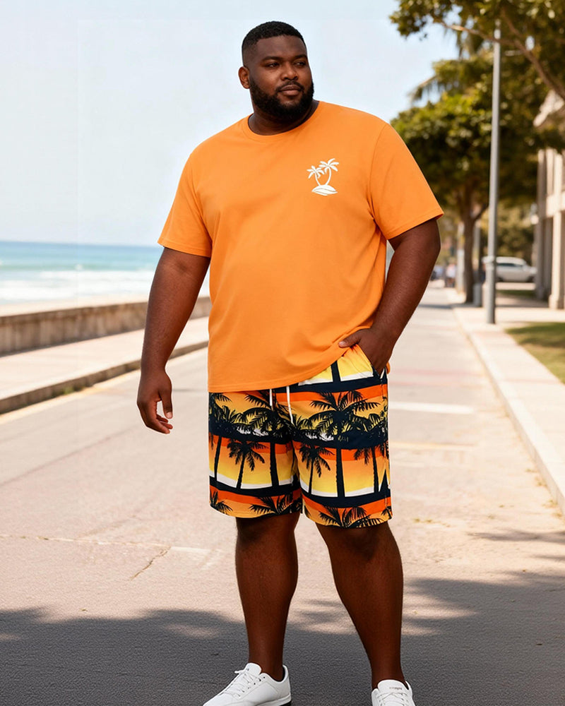 Big & Tall Men's Orange Small Label Coconut Tree Printed Crewneck Short Sleeve T-Shirt Shorts Set