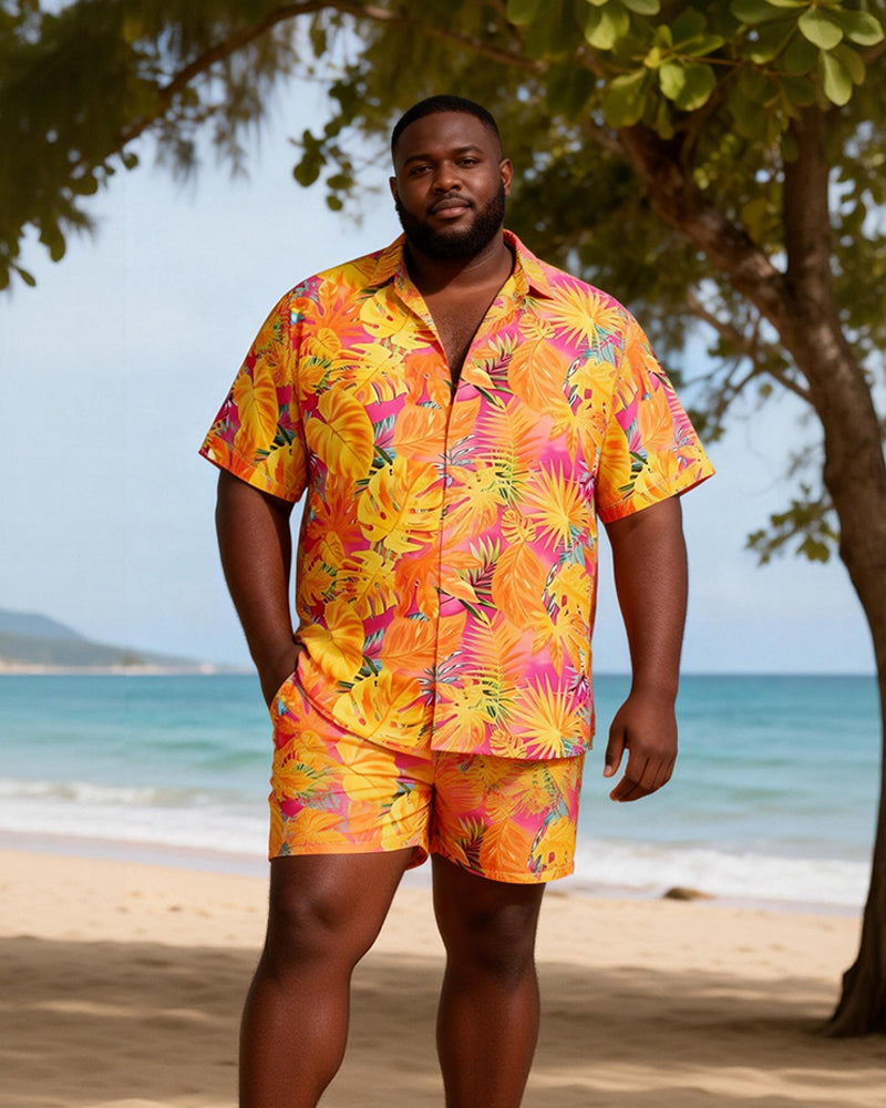 Big & Tall Men's Pink Orange Tropical Leaf Print Short Sleeve Shirt Shorts Set