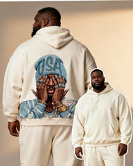 Big & Tall Men's Off-White Blue "USA" Hat Ornament Cartoon Printed Hoodie Set