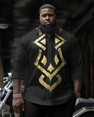 Big & Tall Men's Black Gold Geometric Totem Print Long Sleeve Shirt Pants Set