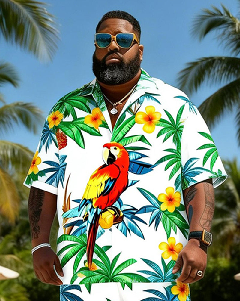 Big & Tall Men's Pink Green Parrot Coconut Tree Print Short Sleeve Shirt Shorts Set