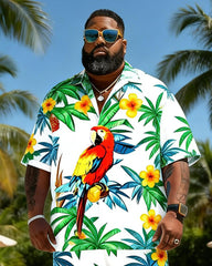 Big & Tall Men's Pink Green Parrot Coconut Tree Print Short Sleeve Shirt Shorts Set
