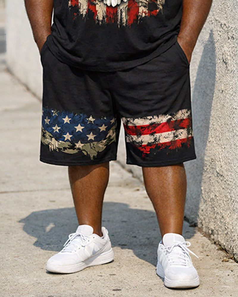 Big & Tall Men's American Flag Cross Eagle Print Crewneck Short Sleeve T-Shirt Shorts Set