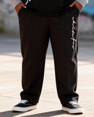 Big & Tall Men's Gray-black Contrast Handwritten Line Printed Long Sleeve T-shirt Trousers Set