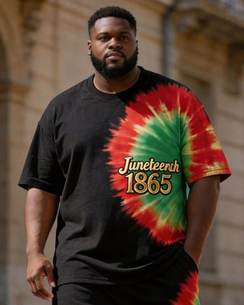 Big & Tall Men's Juneteenth 1865 Spiral Tie-dye Printed Round Neck Short Sleeve T-shirt Shorts Set