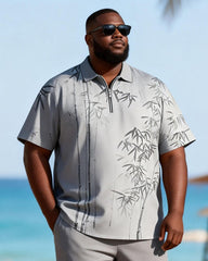 Big & Tall Men's Ink Bamboo Grey Printed Zipper Polo Short Sleeve Pants Set