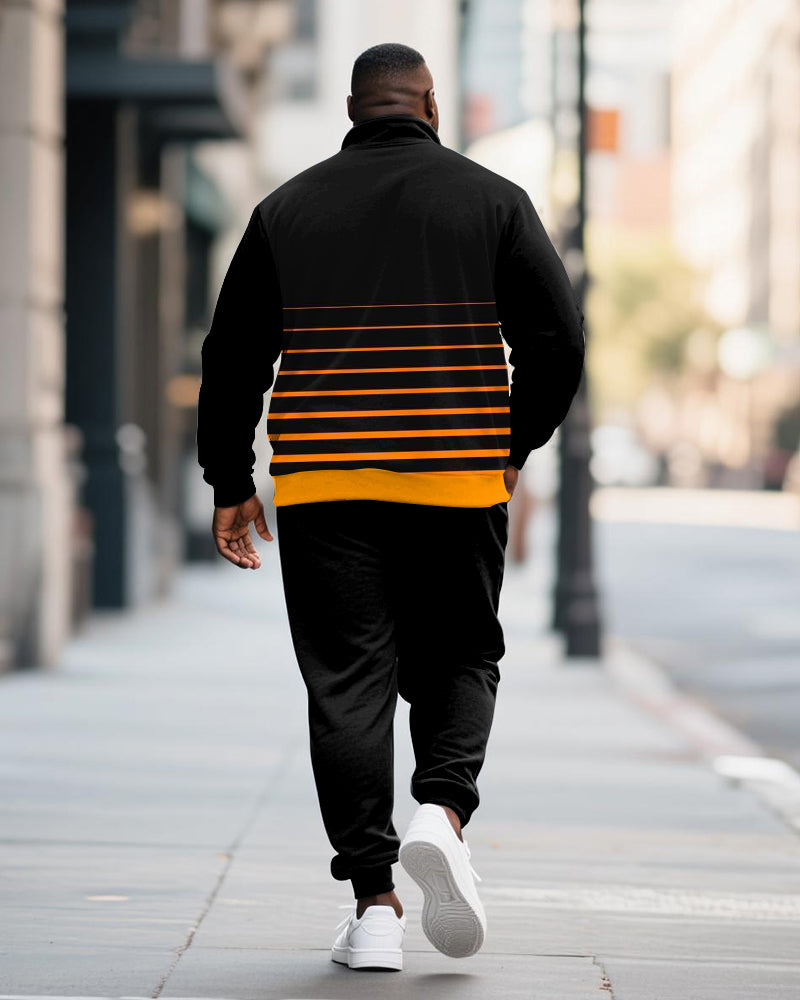 Big & Tall Men's Black And Yellow Striped Letter Printed POLO Collar Zipper Long Sleeve Pants Two-Piece Set