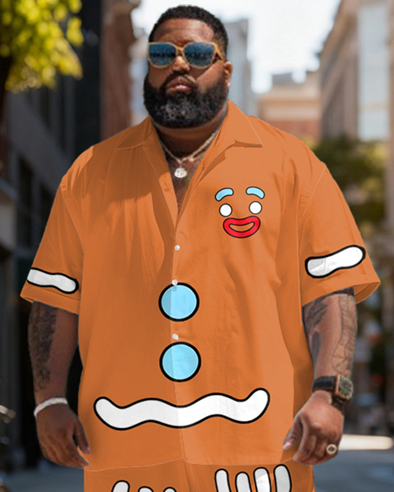 Big & Tall Men's Christmas Gingerbread Man Cosplay Printed Short Sleeve Shirt Shorts Set