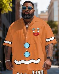 Big & Tall Men's Christmas Gingerbread Man Cosplay Printed Short Sleeve Shirt Shorts Set