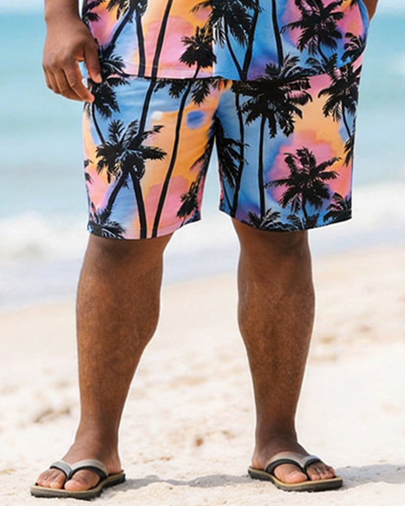 Big & Tall Men's Pink Blue Tie Dye Coconut Tree Print Short Sleeve Shirt Shorts Set