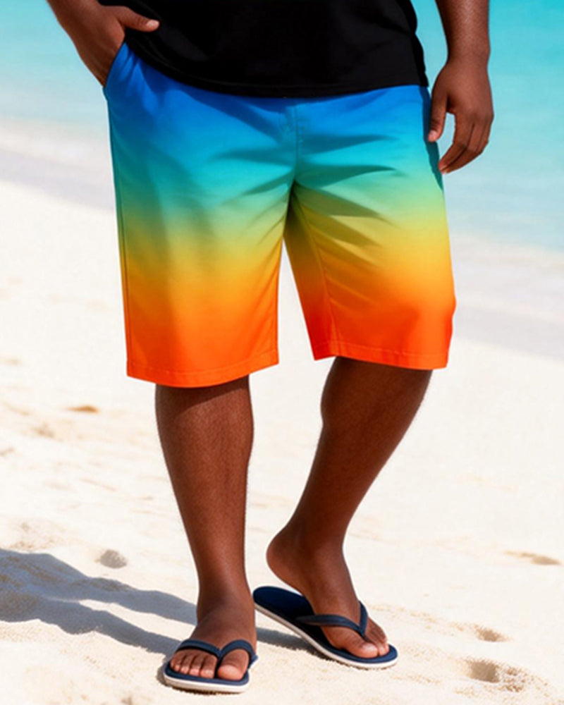 Big & Tall Men's Summer Rainbow Gradient Print Crewneck Short-sleeved T-shirt Shorts Set