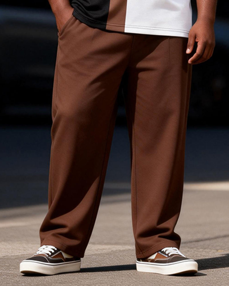 Big & Tall Men's Black And White Brown Stitching Printed Zipper Polo Short Sleeve Trousers Set