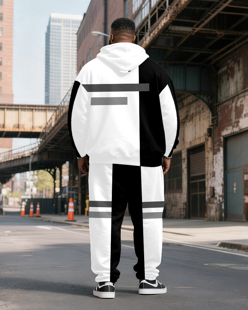 Big & Tall Men's Black And White Color Block Gray Stripe Printed Hoodie Set