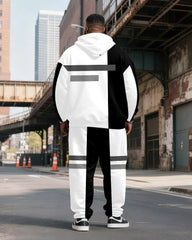 Big & Tall Men's Black And White Color Block Gray Stripe Printed Hoodie Set