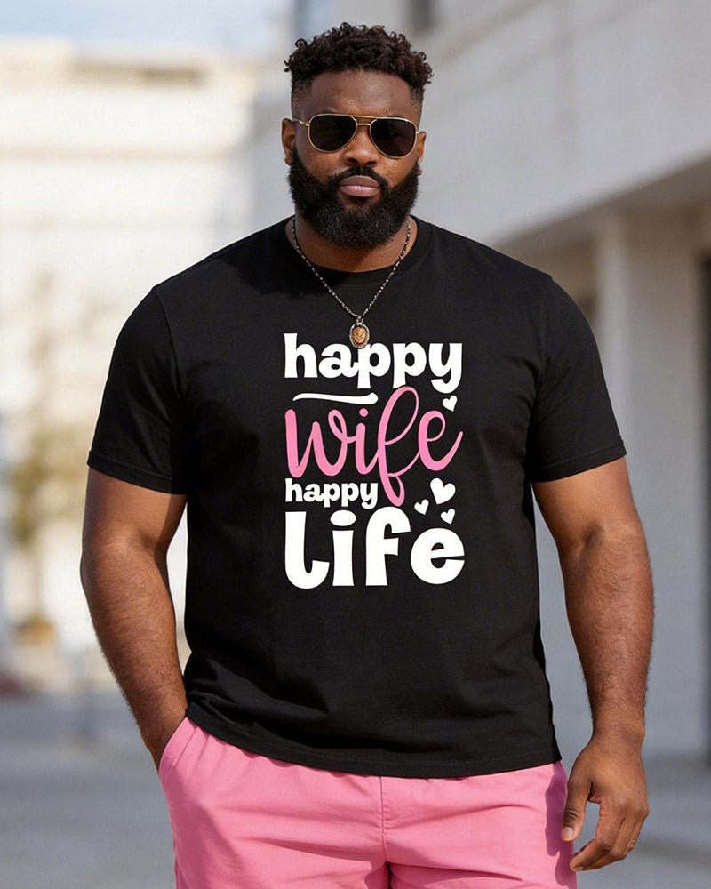 Big & Tall Men's "happy Wife Happy Life" Pink Printed Round Neck Short Sleeve T-shirt Shorts Set