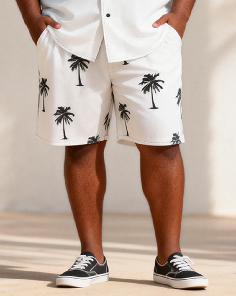 Big & Tall Men's Black And White Stitching Coconut Printed Short Sleeve Shirt Shorts Set