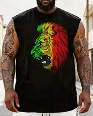 Big & Tall Men's Red, Yellow And Green Gradient Side Color Lion Head Printed Round Neck Sports Vest