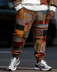 Big & Tall Men's Black King African Pattern Patchwork Printed Round Neck Sweat Set
