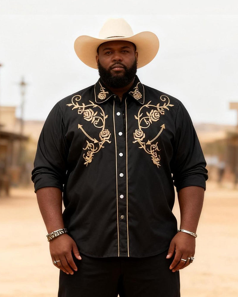 Big & Tall Men's Western Black And Gold Rose Print Long Sleeve Shirt Pants Set