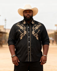 Big & Tall Men's Western Black And Gold Rose Print Long Sleeve Shirt Pants Set