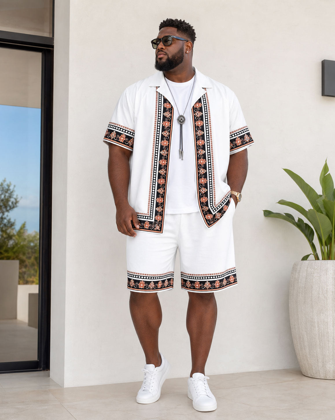 Big & Tall Men's Vintage Baroque Pattern Symmetrical Printed Hawaiian Holiday Button Shirt Short Sleeve Shorts Set
